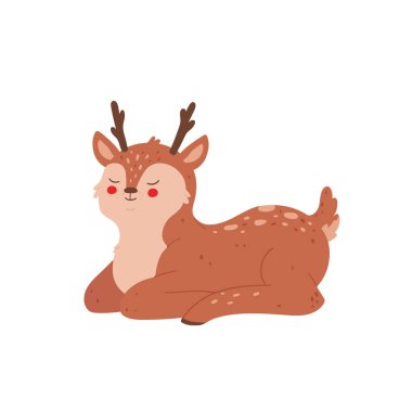 Beyaz arka planda izole edilmiş şirin bir geyik. Bebek odası için poster. Çocuk odası için çocukça bir parmak izi. Vektör düz resimleme.