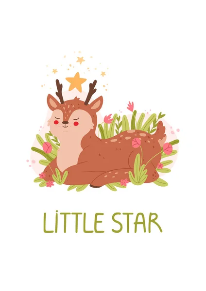 Geyiği olan şirin bir kart. Küçük yıldız. Çocuk odası dekorasyonu için sevimli hayvan karakter şablonları. Vektör illüstrasyonu. — Stok Vektör