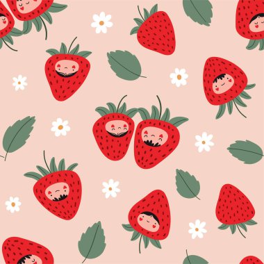 Sweet seamless pattern with strawberries, leaves and flowers. Strawberry characters in love. Valentine day concept. Cartoon flat vector illustration.