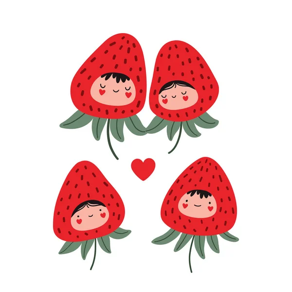 Cute strawberry characters in love. Sweet strawberry set isolated on white background. Cartoon flat vector illustration. — Vector de stock