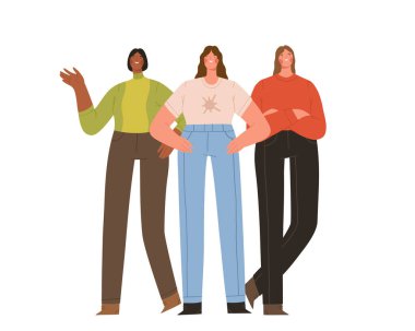 Bir arada duran üç güçlü kadından oluşan bir grup. Kadın arkadaşlığı, kardeşlik ya da feminist aktivistler. Kız gücü. Çizgi film düz vektör çizimi.