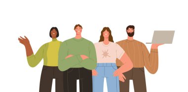 Çeşitli gülümseyen insanlardan oluşan bir grup bir arada. Neşeli erkek ve kadın ofis çalışanları, memurlar, çalışanlar ya da meslektaşlardan oluşan bir takım. Düz grafik vektör çizimleri.