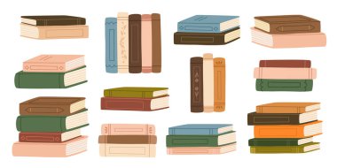 Okumak ve öğrenmek için bir dizi kitap. Bir yığın ders kitabı. Edebiyat ve eğitim edebiyatı, romanlar, okuma ve öğrenim ansiklopedileri. Düz vektör çizimleri