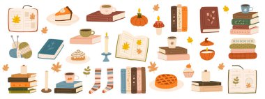 Samimi sonbahar el yapımı kitap koleksiyonu. Bir dizi kitap ve sonbahar atmosferi. Bir fincan çay, kahve, mum, örgü, çorap, balkabağı turtası, tarçınlı çörek, kek. Düz vektör illüstrasyonu