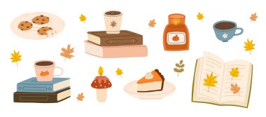 Samimi sonbahar el yapımı kitap koleksiyonu. Bir dizi kitap ve sonbahar atmosferi. Bir fincan çay, kahve, mum, balkabağı turtası. Düz vektör illüstrasyonu