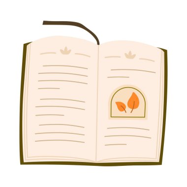 Sonbahar havasında yapraklarla birlikte açık bir kitap. El çizimi şirin samimi sonbahar vektör çizimi