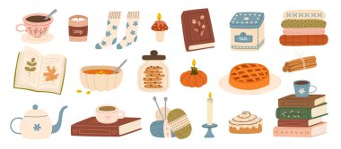 El yapımı samimi sonbahar elementleri. Şirin süveter, örgü, mumlar, sıcak içecek, turta, baharatlı latte, yapraklar. Rahat bir yaşam tarzı, kış ve sonbahar havası. Vektör düz resimleme.
