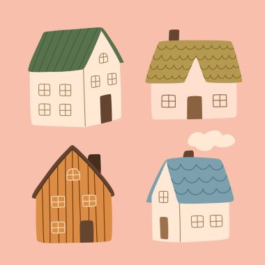 Küçük şirin evler. Elle çizilmiş küçük kasaba evleri. Samimi Scandi kulübesi. Vektör düz resimleme