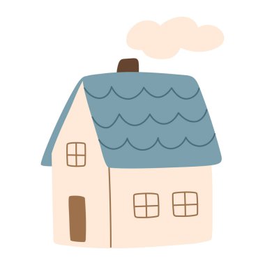 Mavi çatılı, sıcak, parıldayan pencereli, yumuşak bir el çizimi tarzı olan rahat bir sonbahar evi. Sonbahar markalaşması, mevsimlik dekorasyon, davetiyeler, posterler ve dijital ürünler için mükemmel..