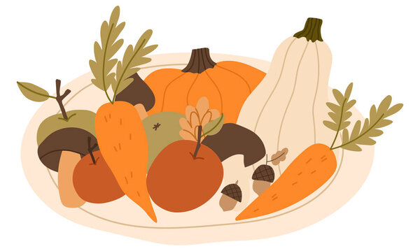A rich autumn fruits composition illustrated in a soft hand drawn vector style. Ideal for harvest themes, fall decor, packaging, posters, and seasonal graphics.