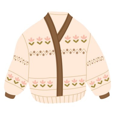 Yumuşak düğmeli hırka. Sade bir sonbahar motifi. Sıcak tonlarda. Giyim grafikleri, tekstil markalaşması, ambalaj ve rahat mevsimlik koleksiyonlar için ideal.