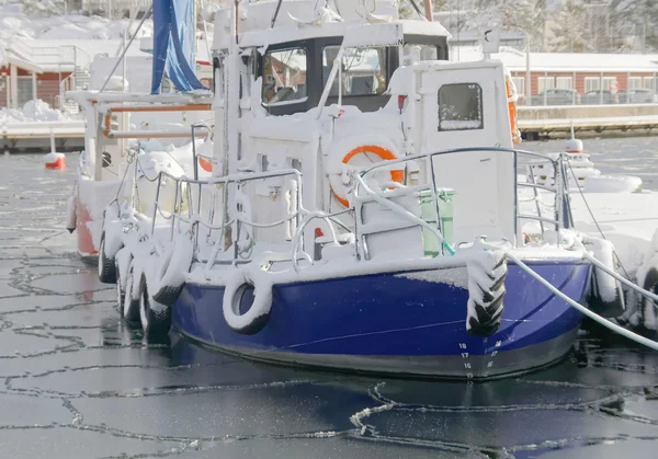 Bateaux Pêche Bateau Dans Petit Port Pendant Hiver Glace Neige — Photo