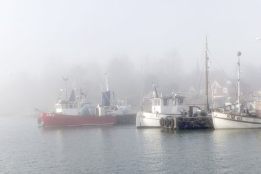 Grisslehamn İsveç - 01 Mayıs 2016: Sisli sabah Grisslehamn, İsveç'te bir limanda küçük balıkçı tekneleri