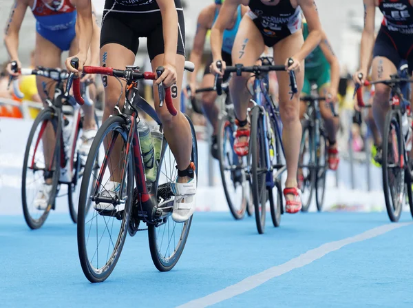 Stockholm Jul 2016 Closeup Large Group Colorful Female Triathlete Bicycles — Stock Photo, Image