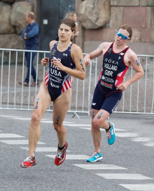 STOCKHOLM - JUL 02, 2016: Triathlete Sarah True and Vicky Holland running  in a curve in the Women's ITU World Triathlon series event July 02, 2016 in Stockholm, Sweden