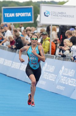 STOCKHOLM - JUL 02, 2016: Triathlete Claire Michel (BEL) running at the finish in the Women's ITU World Triathlon series event July 02, 2016 in Stockholm, Sweden