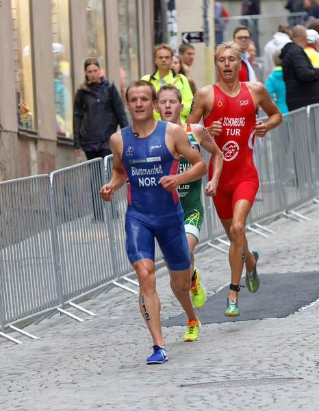 Stockholm Juli 2016 Frontansicht Laufender Triathleten Schomburg Schoeman Blummenfelt Bei — Stockfoto