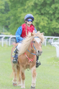 Güneş gözlüklü bir midilli üzerinde oturan genç kız