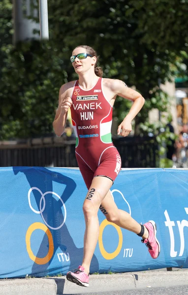 Triathlete Margit Vanek running — Stock Photo, Image