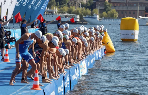 Competidores de natación masculina esperando la señal de salida —  Fotos de Stock