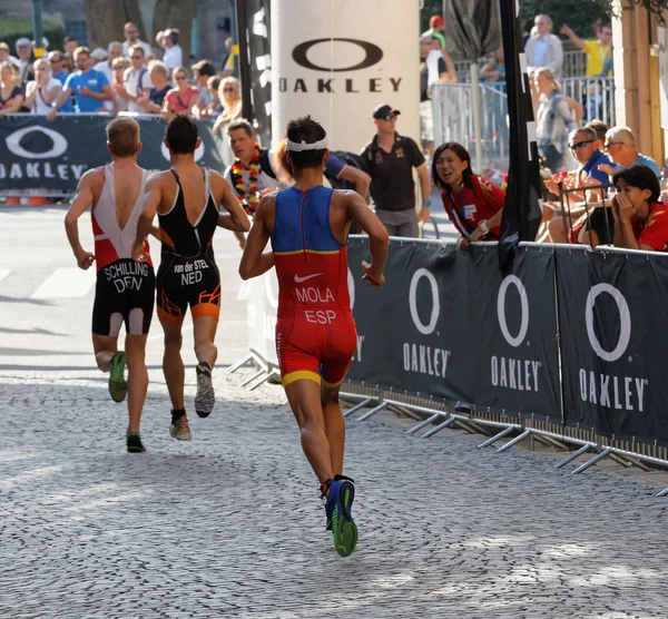 Stockholm Švédsko Srpna 2015 Publikum Skupina Běžeckých Triatlonistů Včetně Vítěze — Stock fotografie