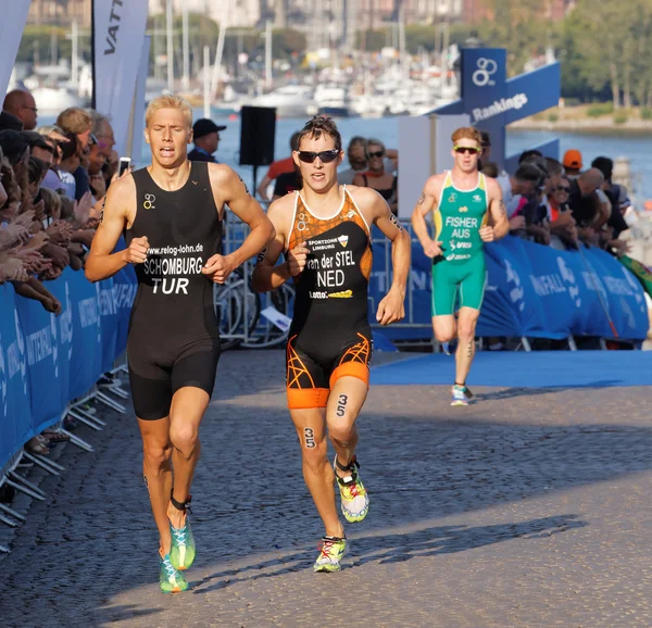 Stockholm Sweden Aug 2015 Tough Fight Three Running Triathletes Schmburg — Stock Photo, Image