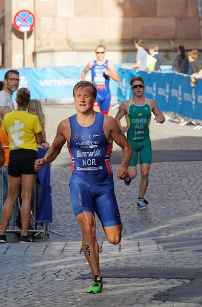 Stockholm Sweden Aug 2015 Tough Fight Group Running Triathletes Men ストック画像