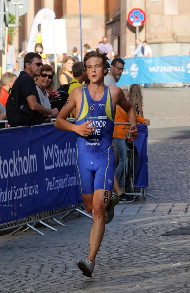 Stockholm Sweden Aug 2015 Triathlete Gabriel Sandor Running Cobblestone Men — 图库照片