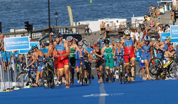 Stockholm Sweden Aug 2015 Dramatic Sceene Group Triathletes Parking Cycles — Stock Photo, Image