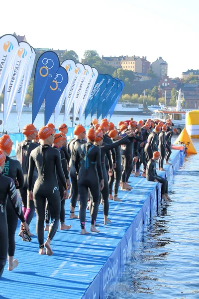 Μεγάλη ομάδα θηλυκό triathletes φορώντας μαύρο μαγιό αναμονής — Φωτογραφία Αρχείου