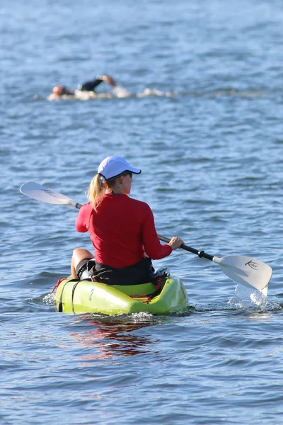 Stockholm Aug 2015 Woman Canoe Monitoring Swimmers Itu World Triathlon Stock Image