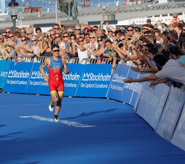 Stockholm, İsveç - 23 Ağustos 2015: Triatlet Javier Gomez Noya erkekler İTÜ dünya triatlon serisi olay triatlon Event'de 23 Ağustos 2015 Stokholm, İsveç'te kazanan önce birkaç metre