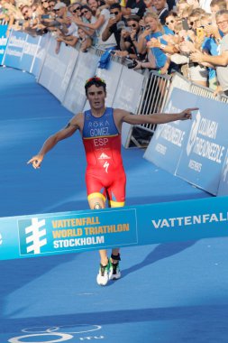 Stockholm, İsveç - 23 Ağustos 2015: Triatloncu Javier Gomez Noya (Esp) 23 Ağustos 2015 tarihinde İsveç 'in Stockholm kentinde düzenlenen Erkekler Itu Dünya Triatlon Serisi yarışmasını kazanmadan bir metre önce