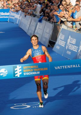 Stockholm, İsveç - 23 Ağustos 2015: Triatloncu Javier Gomez Noya (Esp) 23 Ağustos 2015 tarihinde İsveç 'in Stockholm kentinde düzenlenen Erkekler Itu Dünya Triatlon Şampiyonası' nda triatlon yarışmasını kazandı.