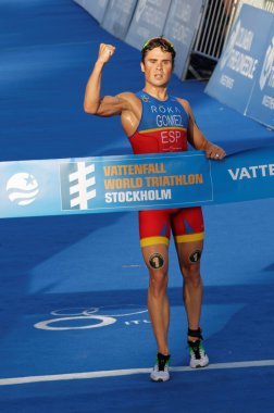 Triatlet Javier Gomez yumruk triatlon kazanan bir yumruk