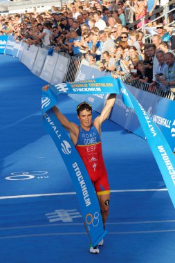 Triatlet Javier Gomez kazanırken Fin çizgisini kaldırıyor