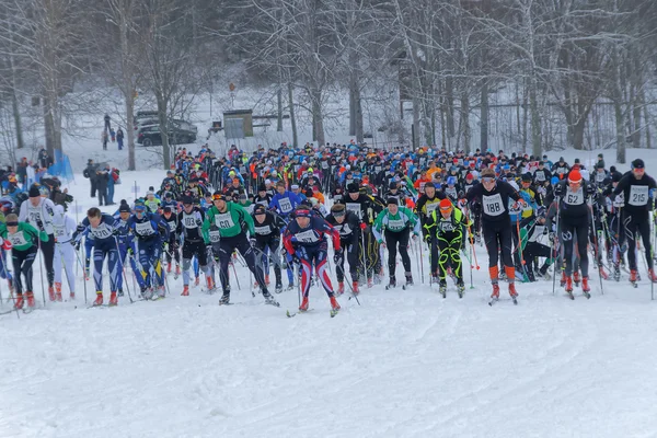 Momento de início para um grande grupo de esquiadores coloridos cross country — Fotografia de Stock