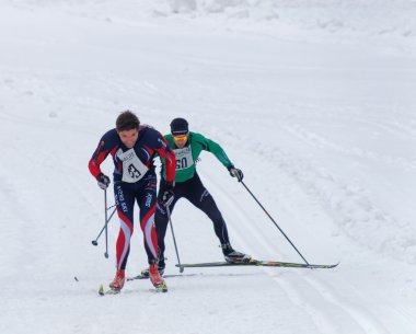 Stockholm - 24 Ocak 2016: Stockholm Kayak Maratonu etkinliğinde yokuş yukarı bir pistte koşan iki kros kayakçı 24 Ocak 2016