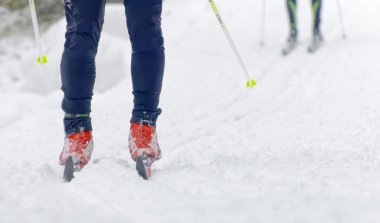 Stockholm - 24 Ocak 2016: Renkli gökyüzü, ayak ve bacaklar iki çapraz ülke kayakçı Stokholm İsveç'in Stockholm Kayak Maratonu olay 24 Ocak 2016 yakın
