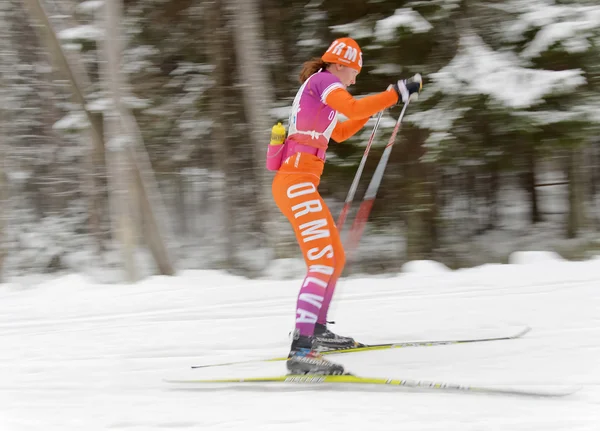 Side view of rapid colorful cross country skiing girl