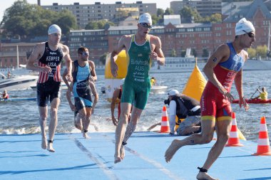 Erkek yüzücüler denizden tırmanma