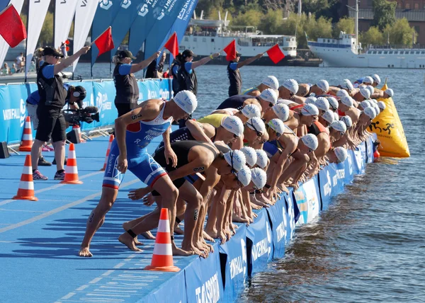 Masculino nadando competidores cuando la señal de salida va —  Fotos de Stock
