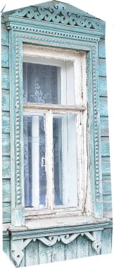 Pencereyi koruyan 18. yüzyılın süsü açık mavi bir zemin, pencerenin çevresindeki dikenler ve sihirli figürler.