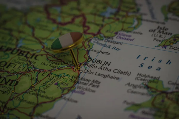 Dublin pinned on a map with the flag of Ireland