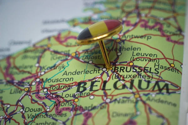 Brussels Pinned Map Flag Belgium — Stock Photo, Image