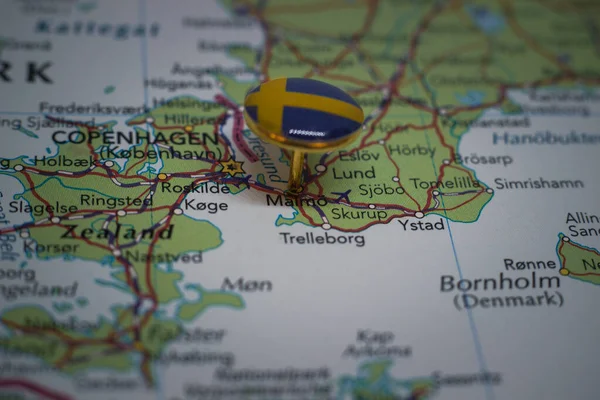 Malmo Fijado Mapa Con Bandera Suecia —  Fotos de Stock