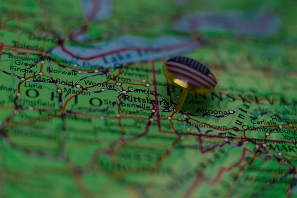 Pittsburgh pinned on a map with USA flag