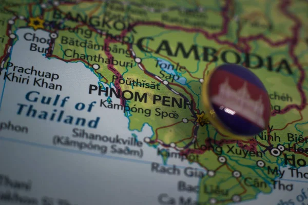 Phnom Penh pinned on a map with the flag of Cambodia