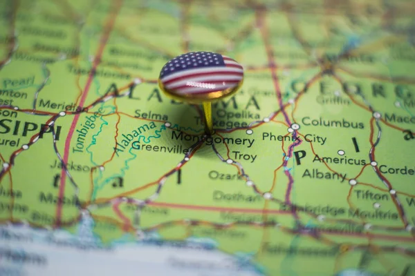 Montgomery pinned on a map with USA flag