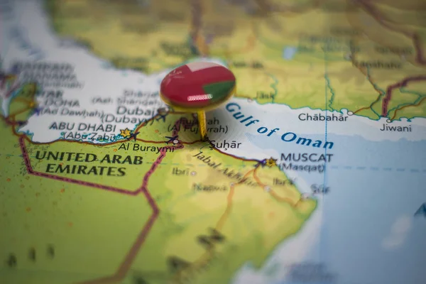 Sohar pinned on a map with the flag of Oman